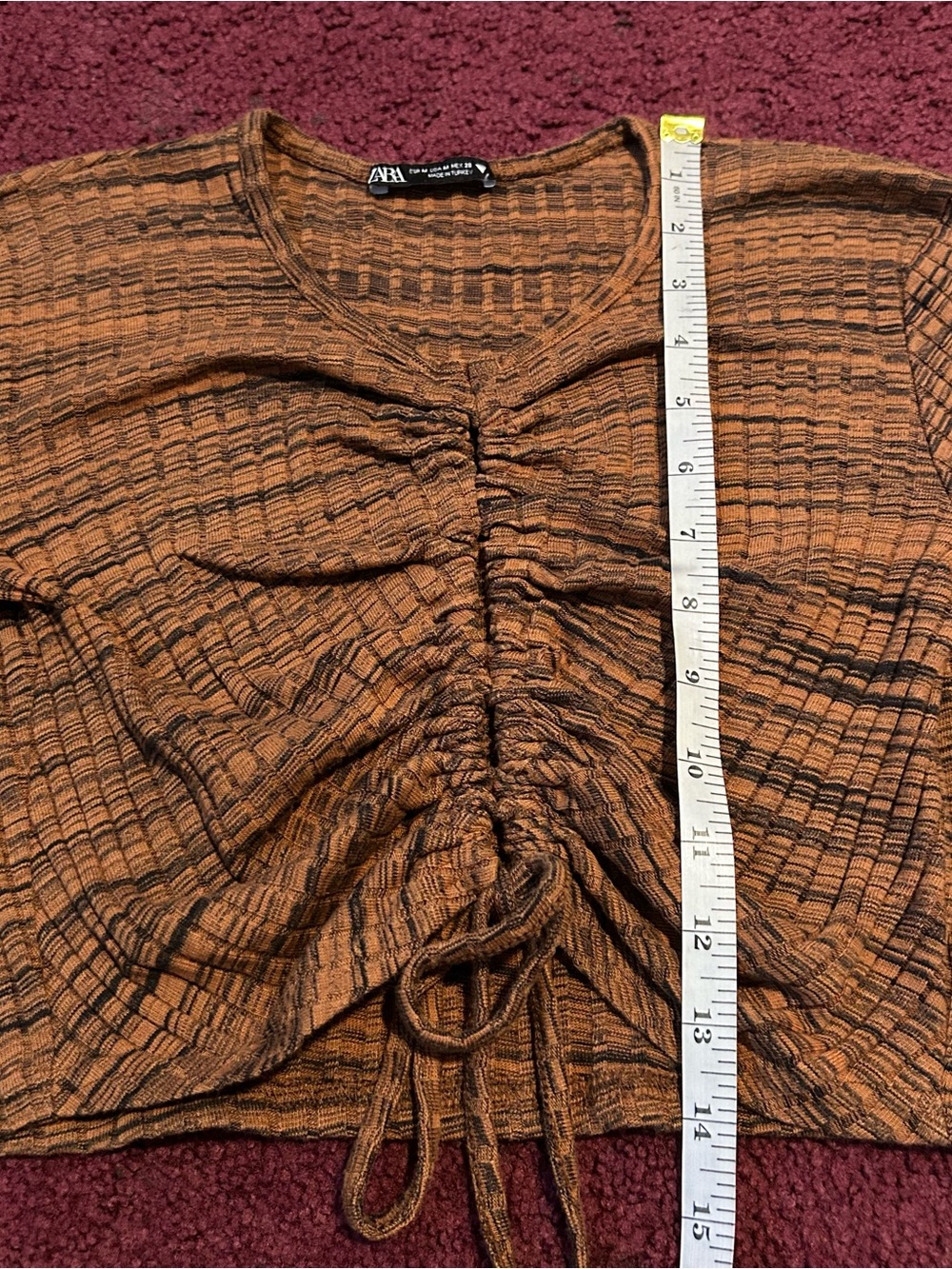 Zara Rust-Brown Ruched Long Sleeve Crop Top Size M - Picture 6 of 7